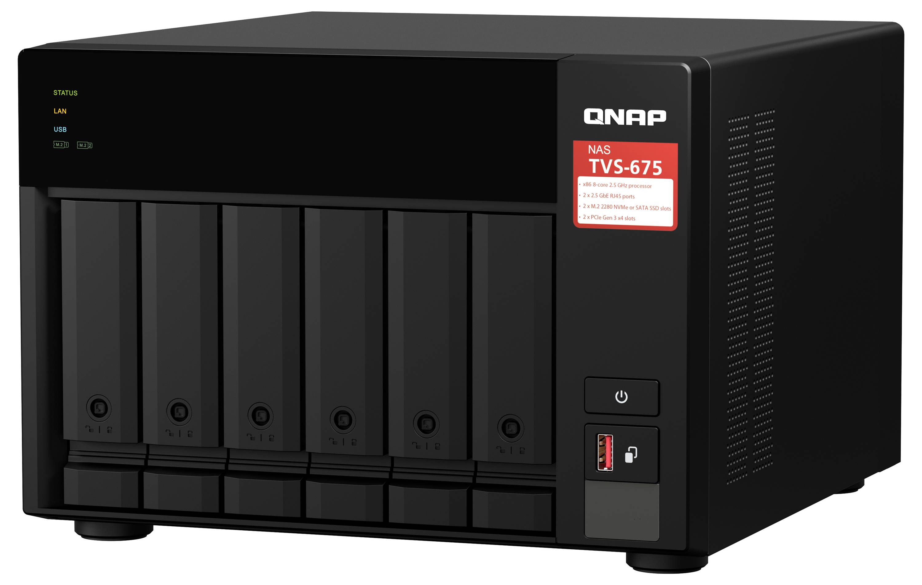 Svart QNAP NAS-lagringsenhet med sex drivfack på framsidan, statuslampor, strömknapp och USB-port; märkt "QNAP TVS-675".