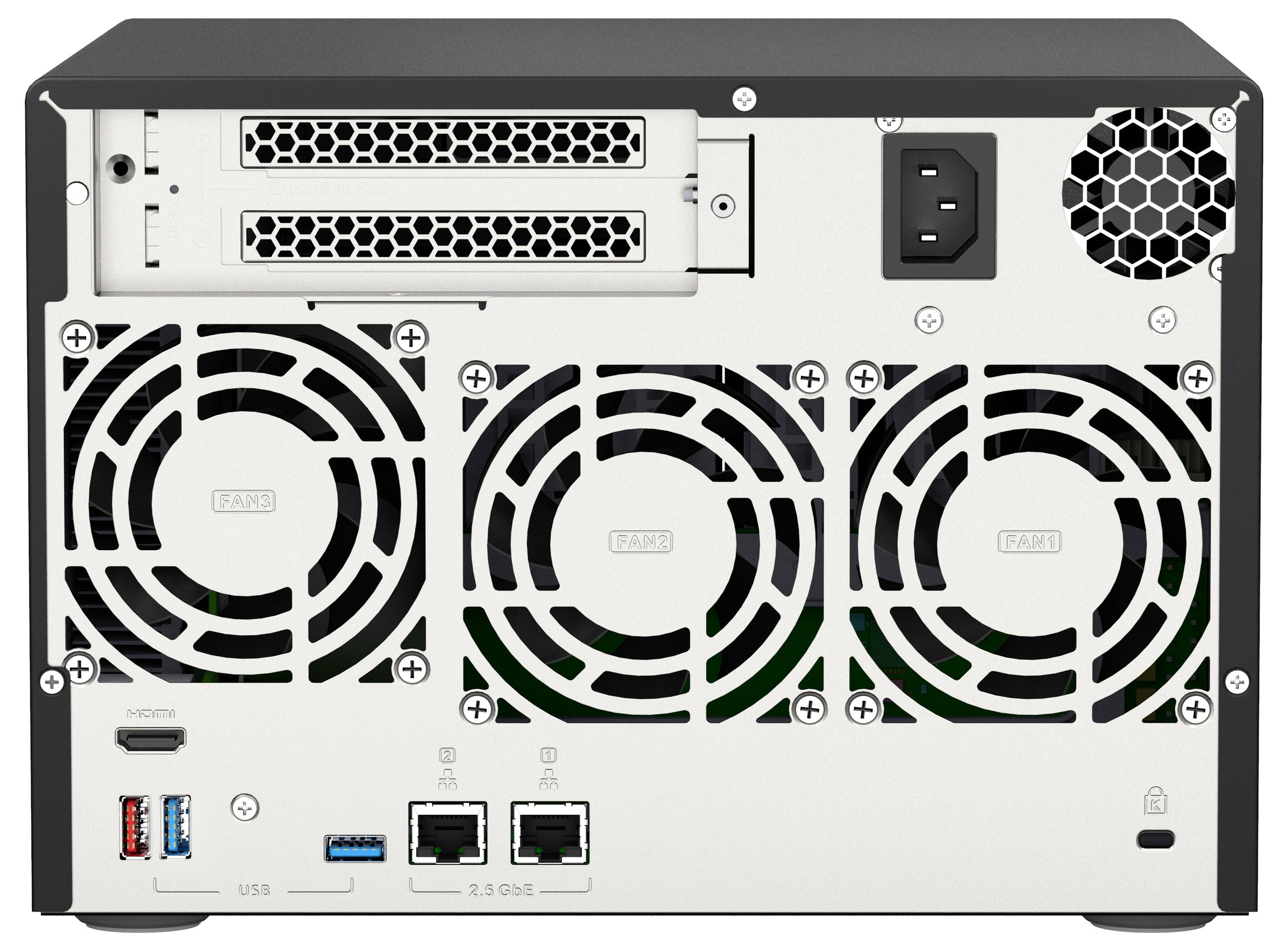 Bakvy av ett stationärt PC-chassi som visar grafikkortets portar, strömingång, tre kylfläktar och USB-/Ethernetanslutningar.