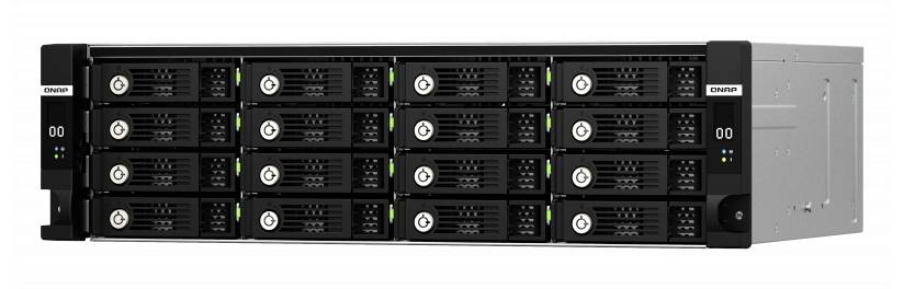 Frontvy av en svart rackmonterad lagringserver med flera utbytbara diskenheter och statuslampor, visad i en jämförande produktfoto.