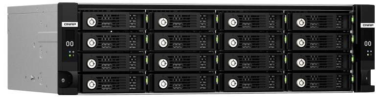 Frontvyn av en QNAP NAS-server för rackmontage med 12 hot-swap-enhetsplatser och statuslampor på höger sida.