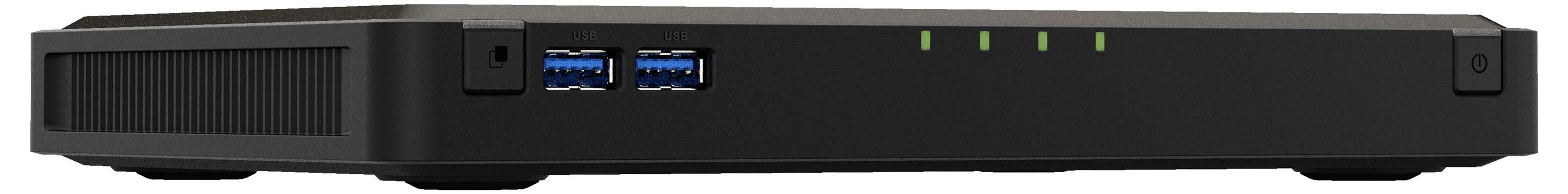 Svart datorns frontpanel med två blå USB-portar, indikatorbultar och en ventilerad sida, visad på en vit bakgrund
