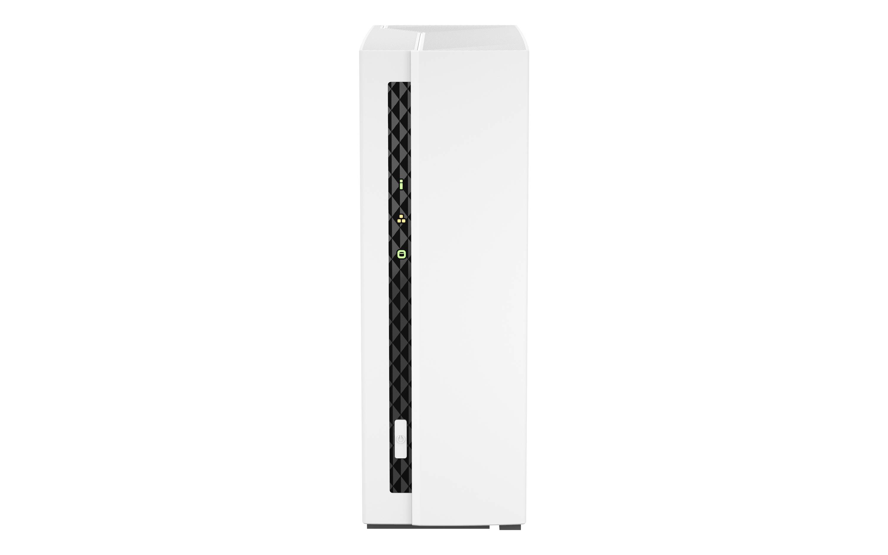 Vit Wi-Fi-router i tornet med en vertikal svart rutmönstrad frontpanel och statuslampor.