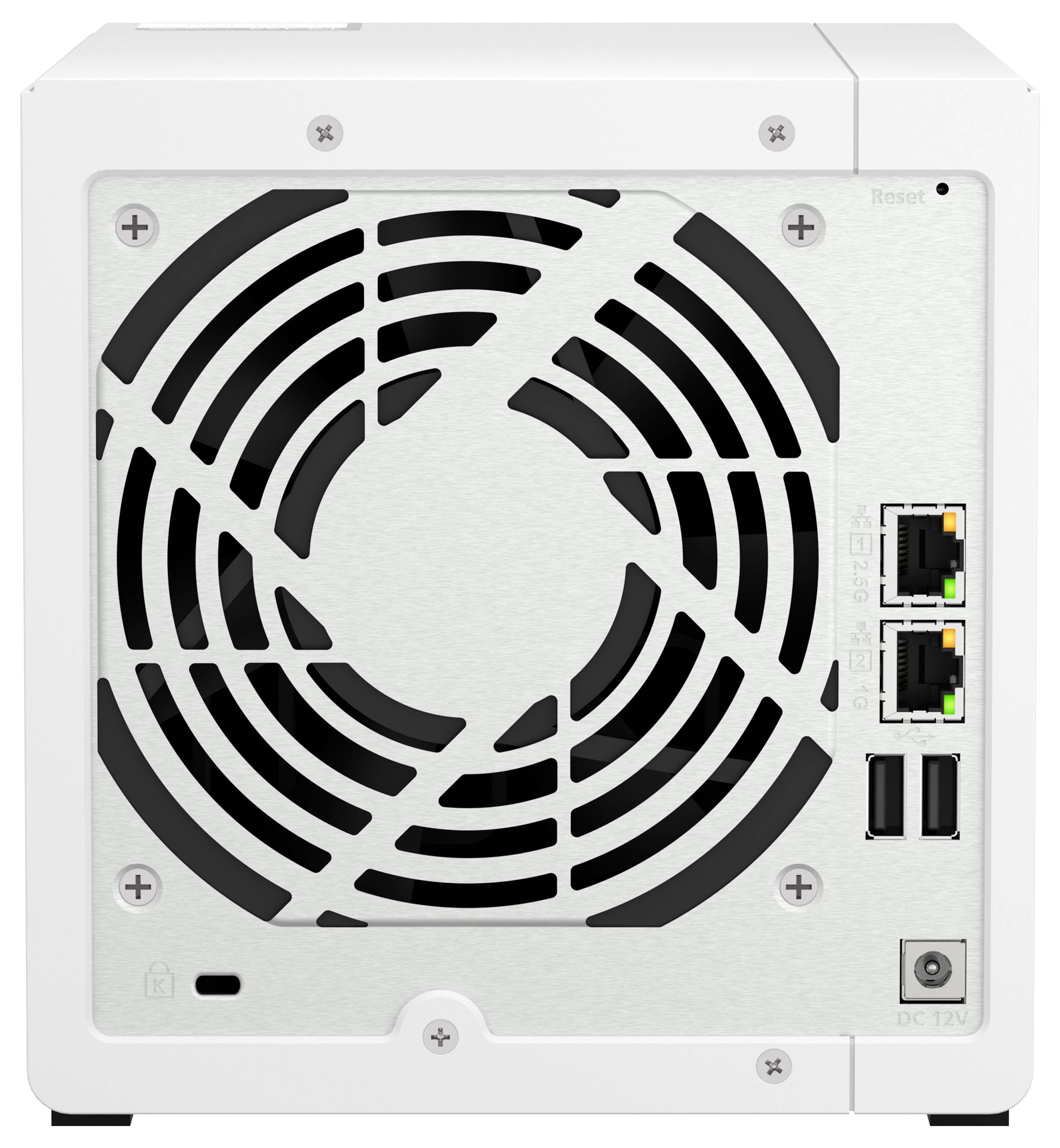 Bakvy av en vit nätverkslagringssenhet med ett stort kylfläktsgaller, två Ethernet-portar, två USB-portar och en DC 12V-strömingång.