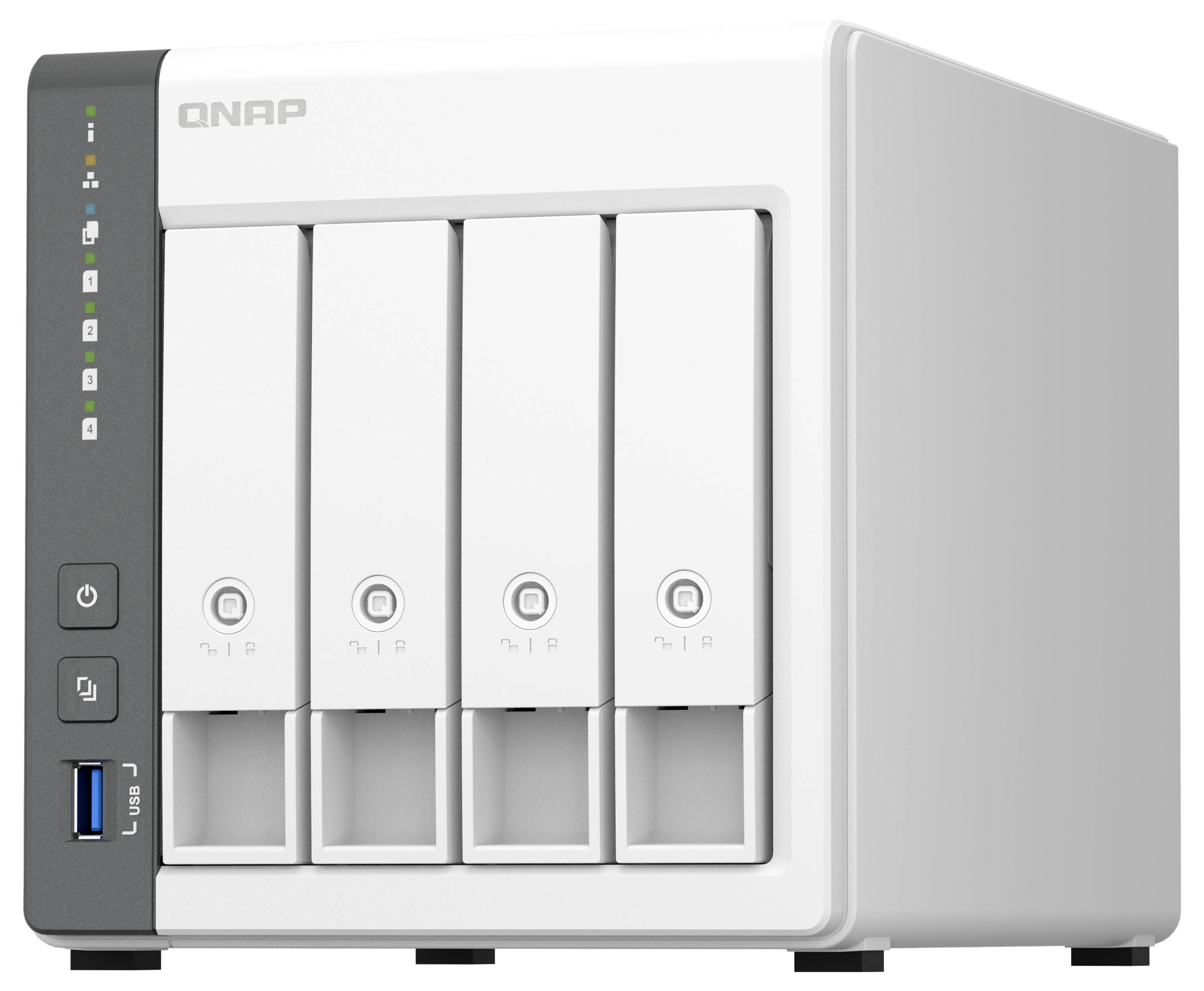 Frontvy av en QNAP 4-bahts nätverksansluten lagringsenhet med fyra hårddiskplatser, status-LED:ar, strömknapp och USB-port på framsidan.