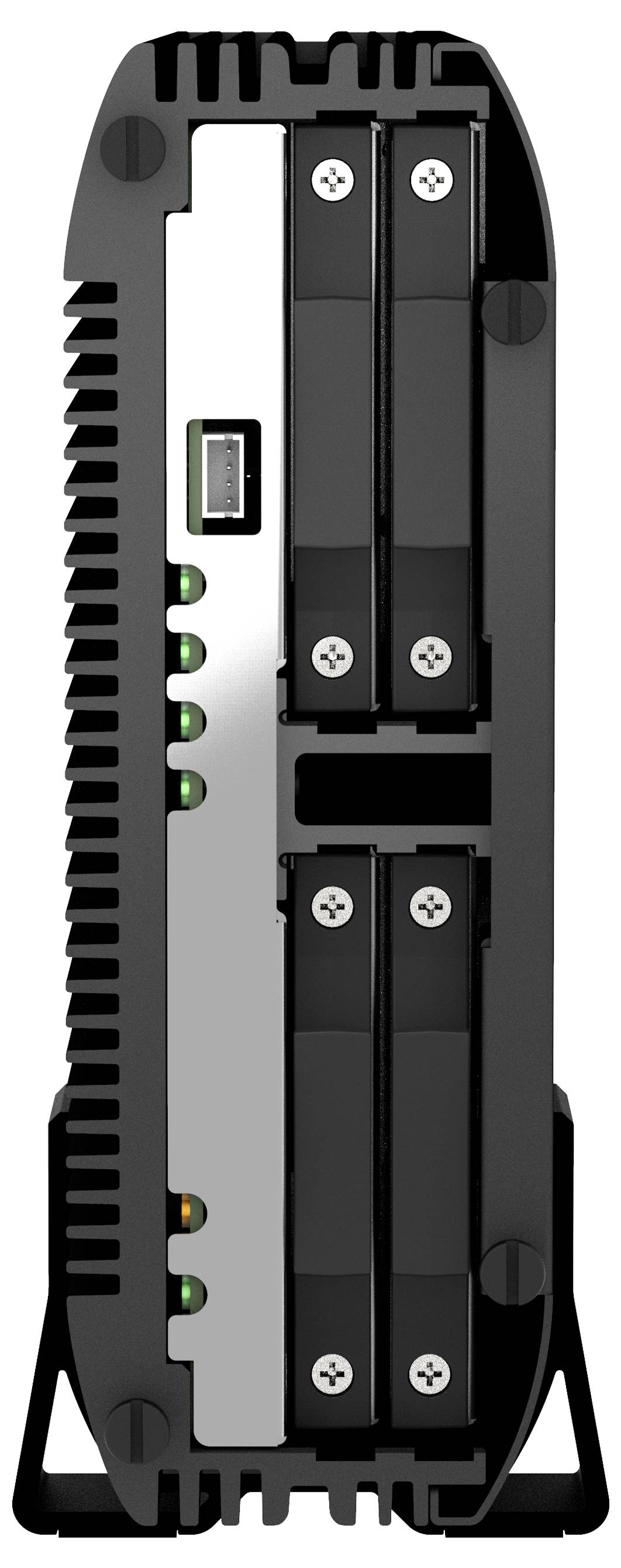 Närbild av en svart elektronisk modul eller batteripaket med två vertikala cylindriska celler och en sidoindikatorremsa med små gröna ljus.