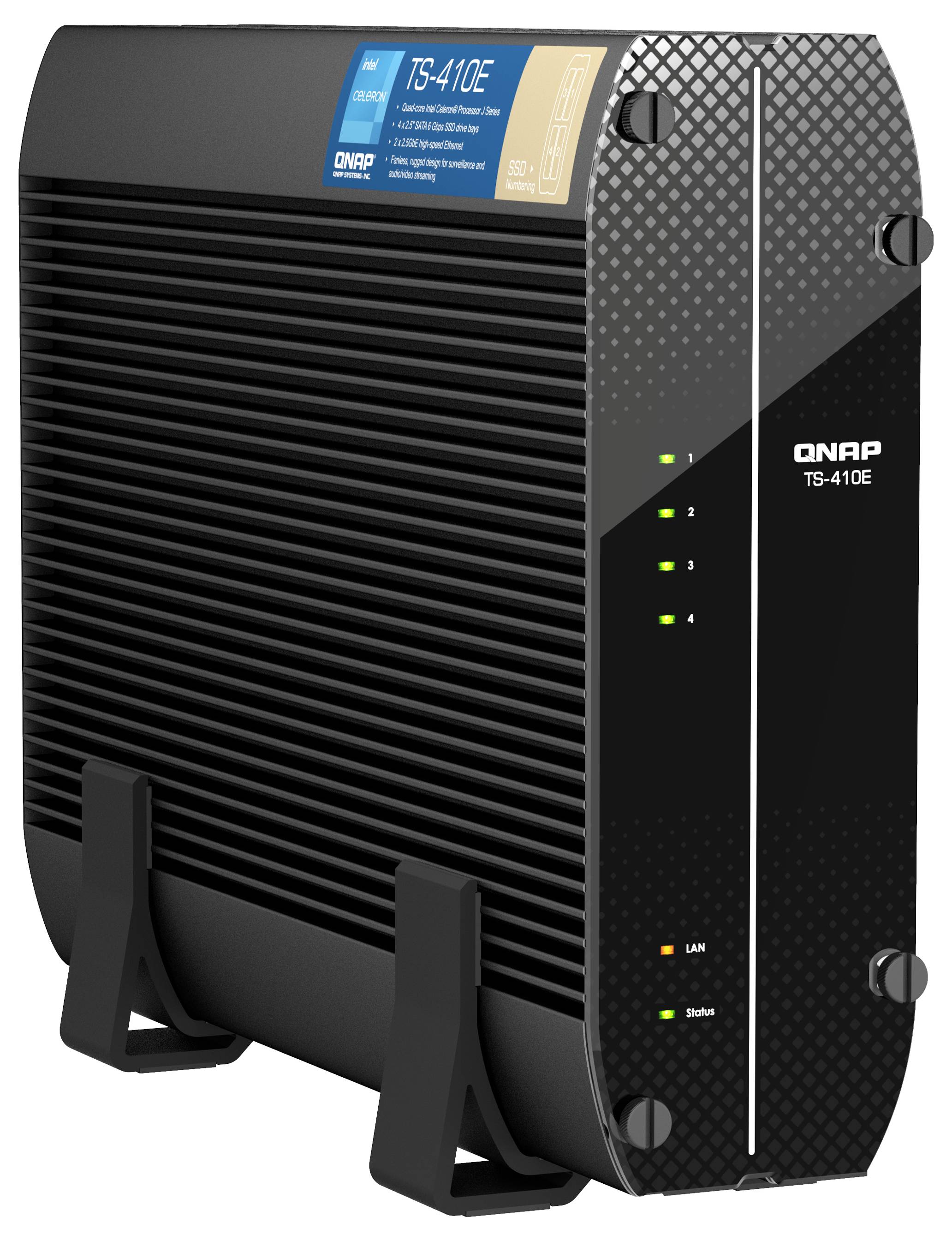 QNAP TS-410E fyrbays nätlagringsanordning visad i svart med frontstatus-indikatorer och ventilationsöppningar.