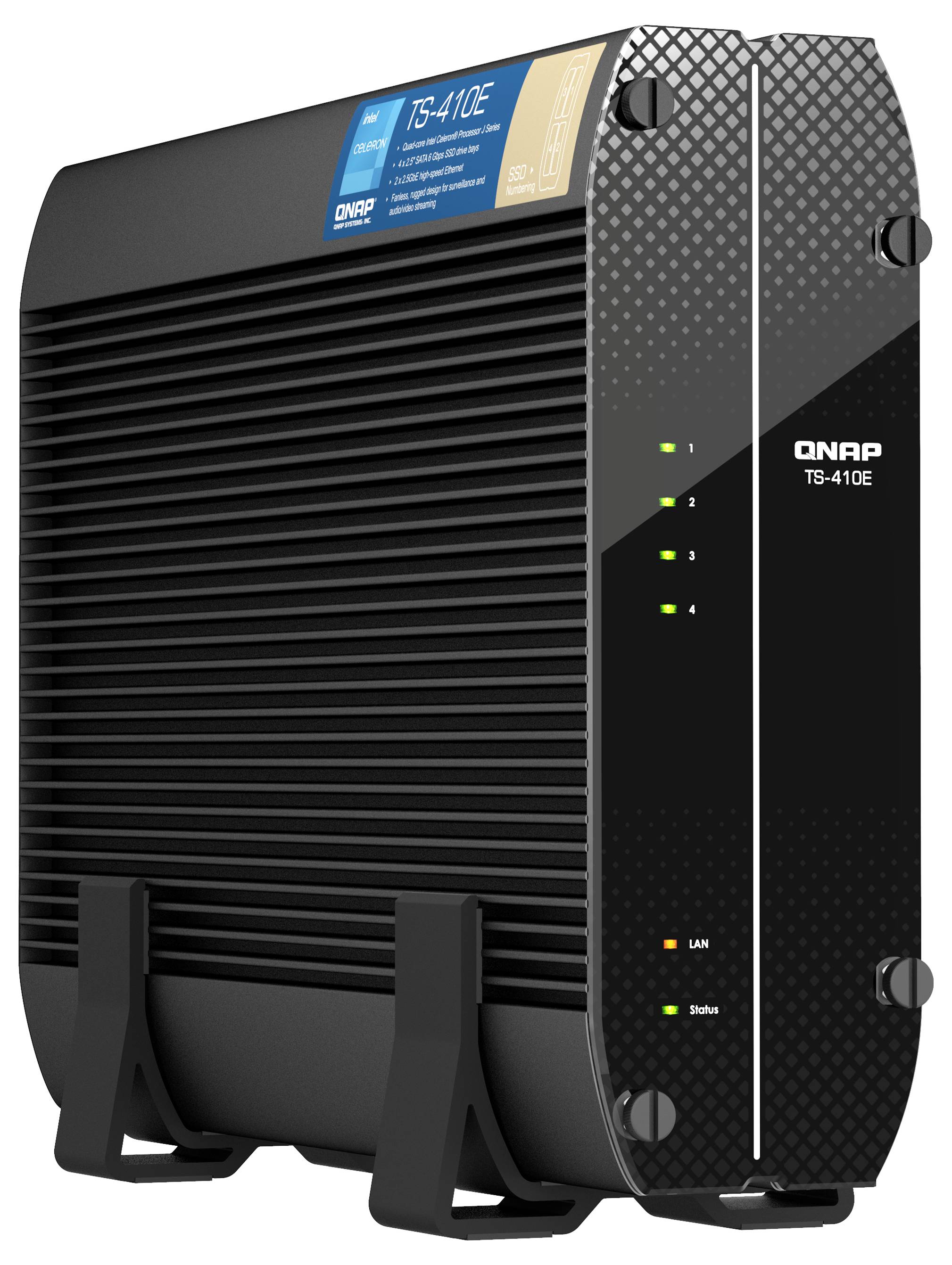 Svart QNAP TS-410E fyrbays NAS-enhet visad i trevärtsvy med statusinkubatorer och frontlogo.