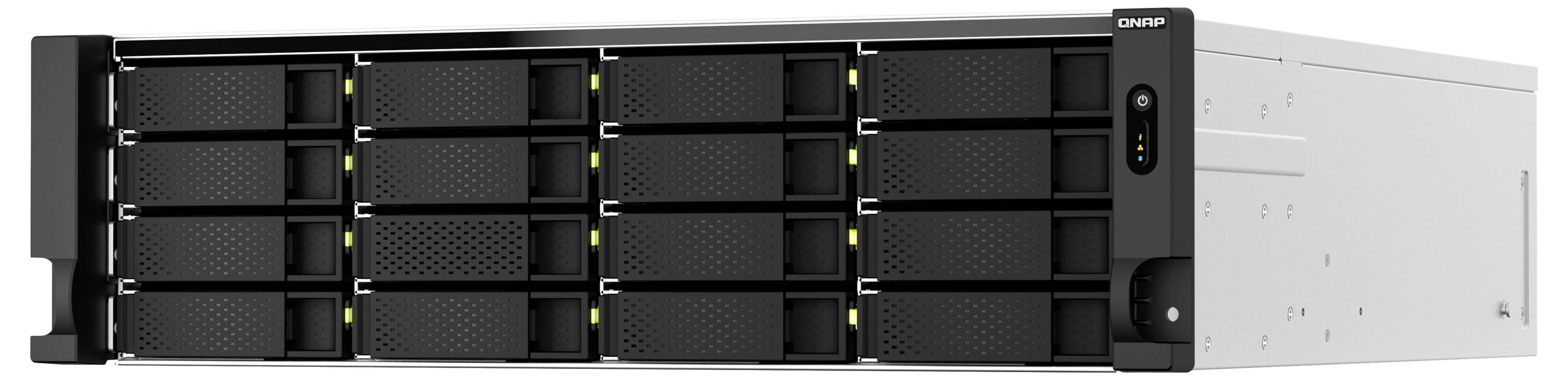 Frontvy av en QNAP rackmonterad NAS-server med flera utbytbara hårddiskfack och statuslampor, visad i svart och vit.