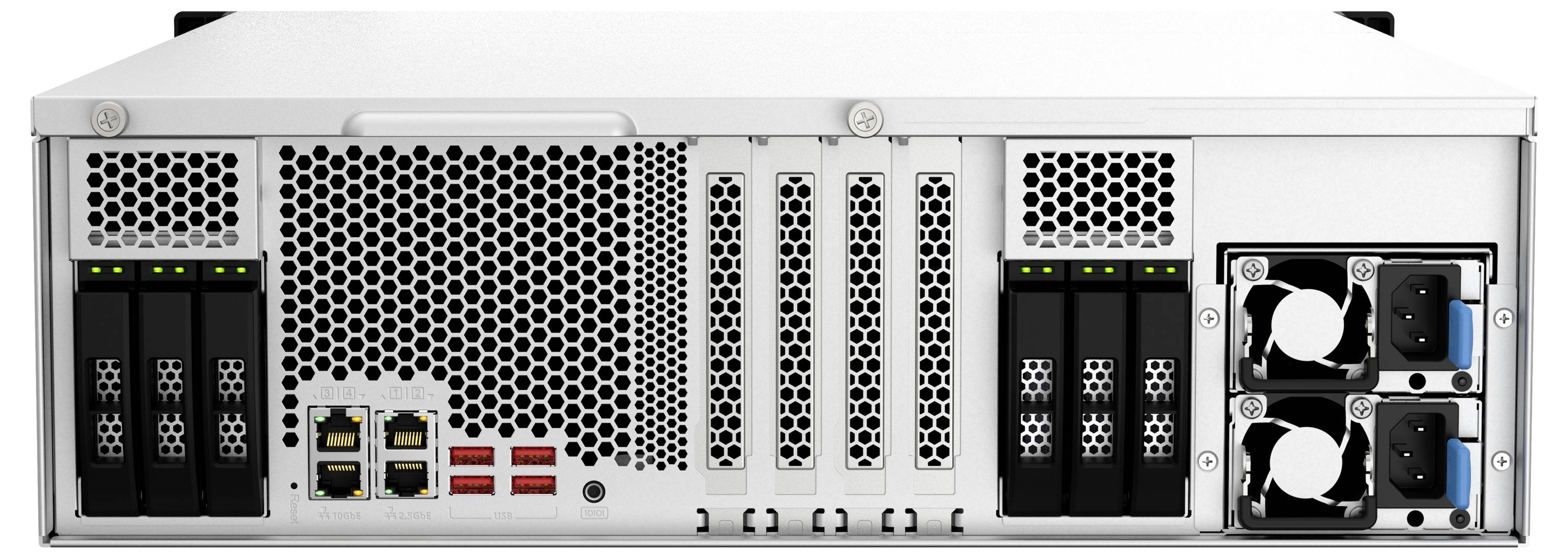 Baksida av en rackmonterad server med dubbla hot-swap strömförsörjningar på höger sida, enhetsplatser på båda sidor och flera nätverks- och expansionsportar i mitten.