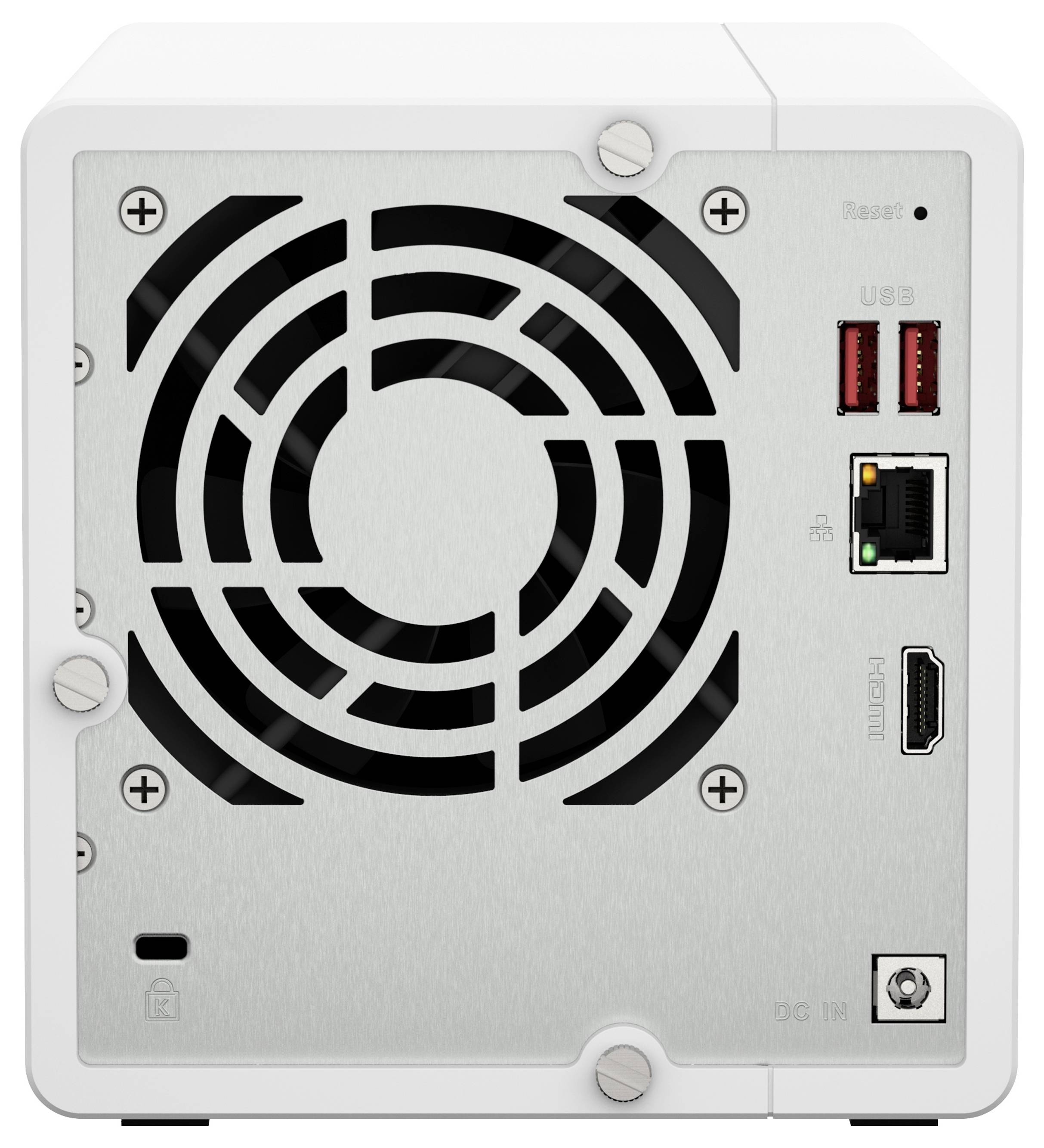Baksida av en liten silverfärgad dator-/NAS-hölje med stort kylfläktgaller och portar: två USB, Ethernet, HDMI och strömkontakt.