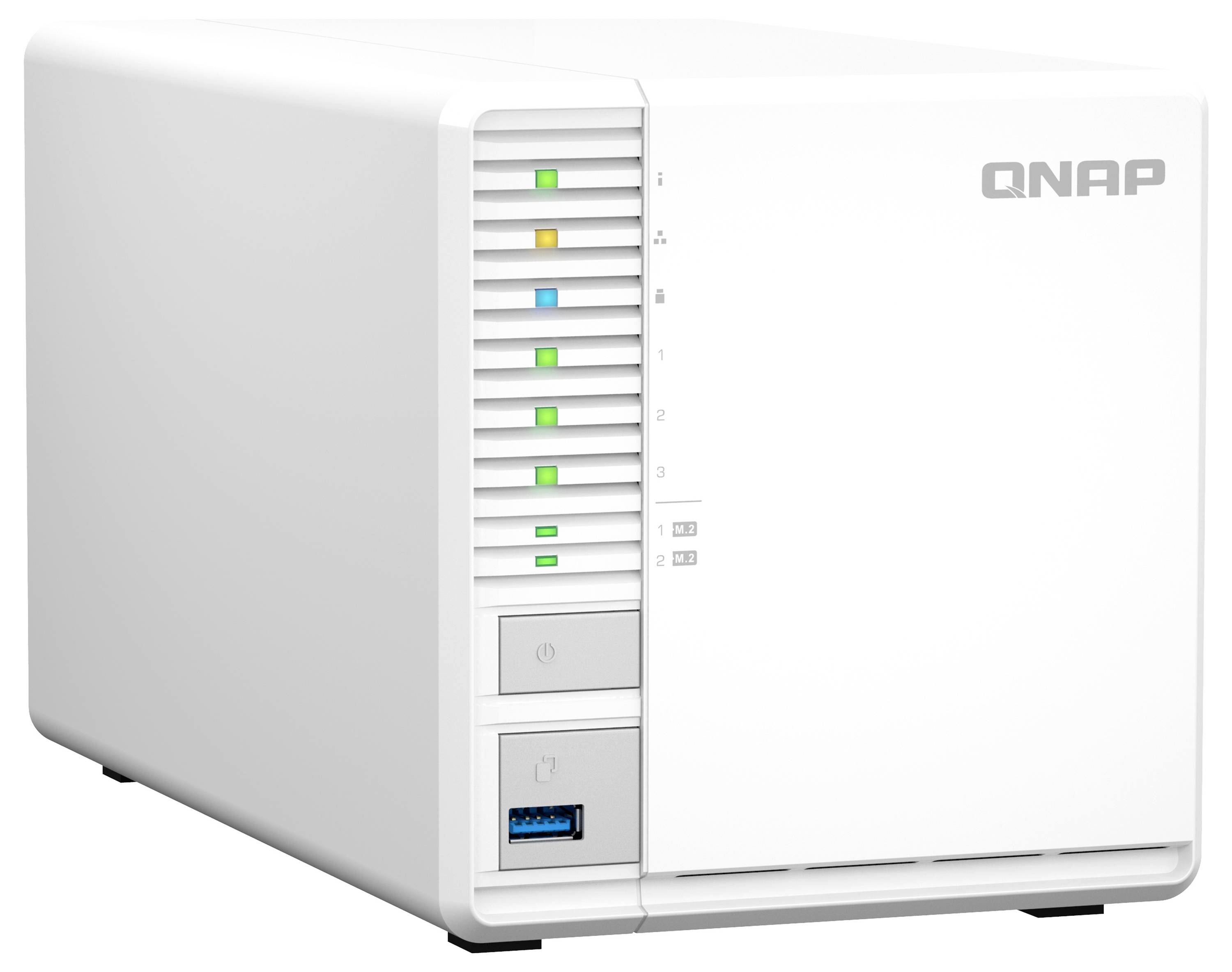 Vit QNAP-nätverkslagringsenhet med flera främre diskplatser, statuslysdioder, strömknapp och USB-port