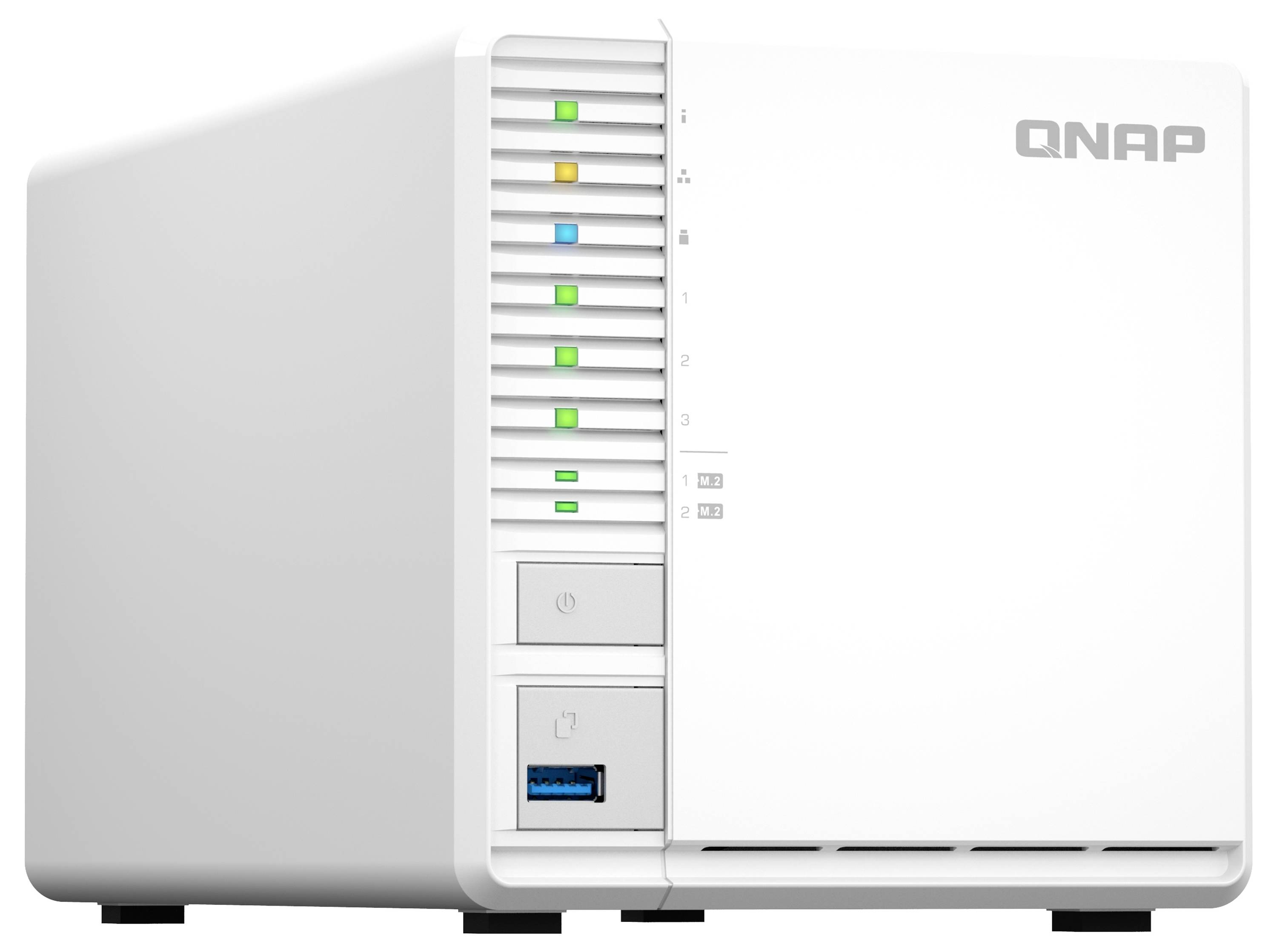 Vit QNAP-nätlagringsenhet med statuslysdioder på framsidan, strömknapp och USB-port.