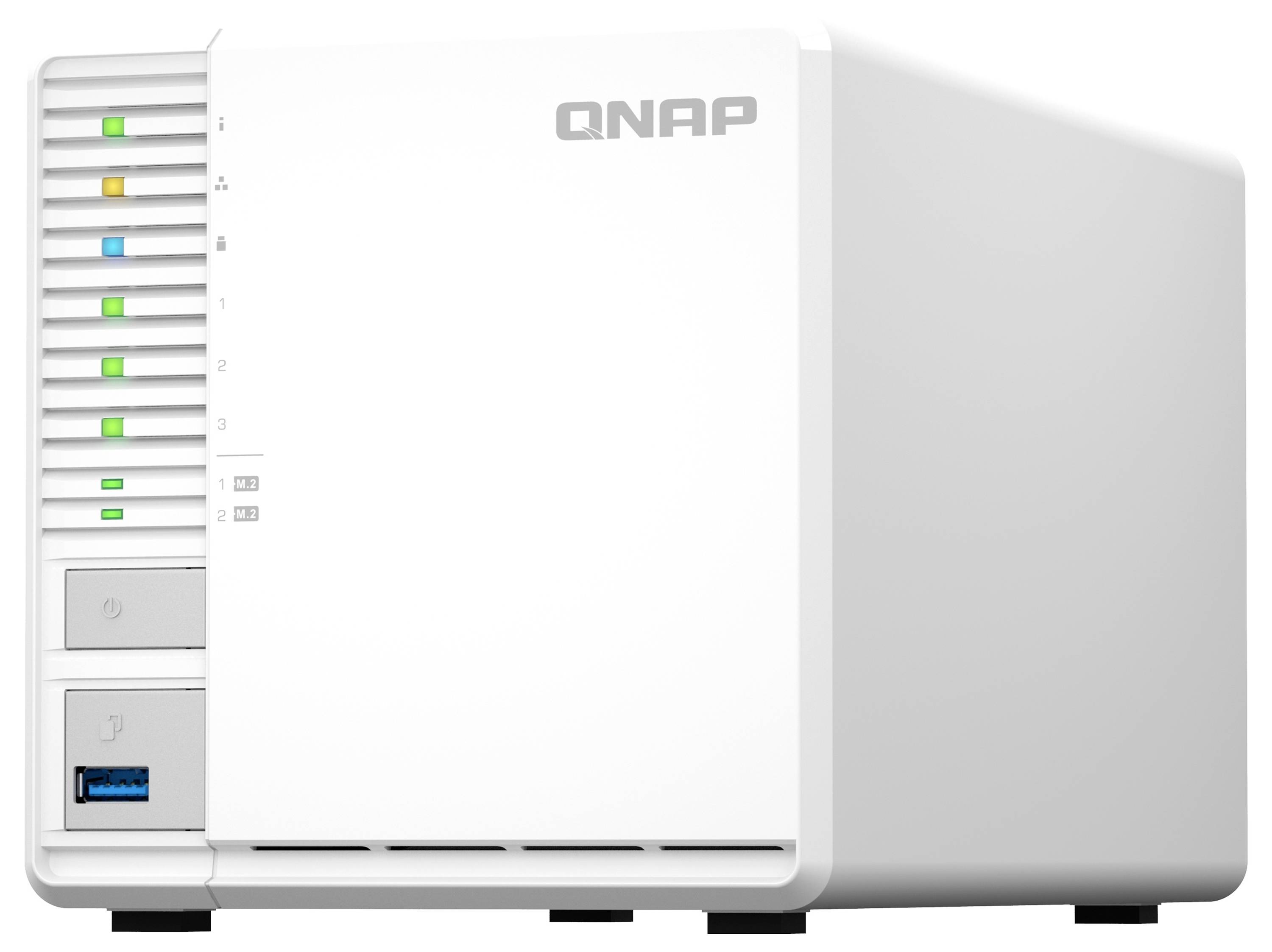 Vit QNAP NAS-lagringsenhet med statuslampor på framsidan, enhetsfack, strömknapp och USB-port