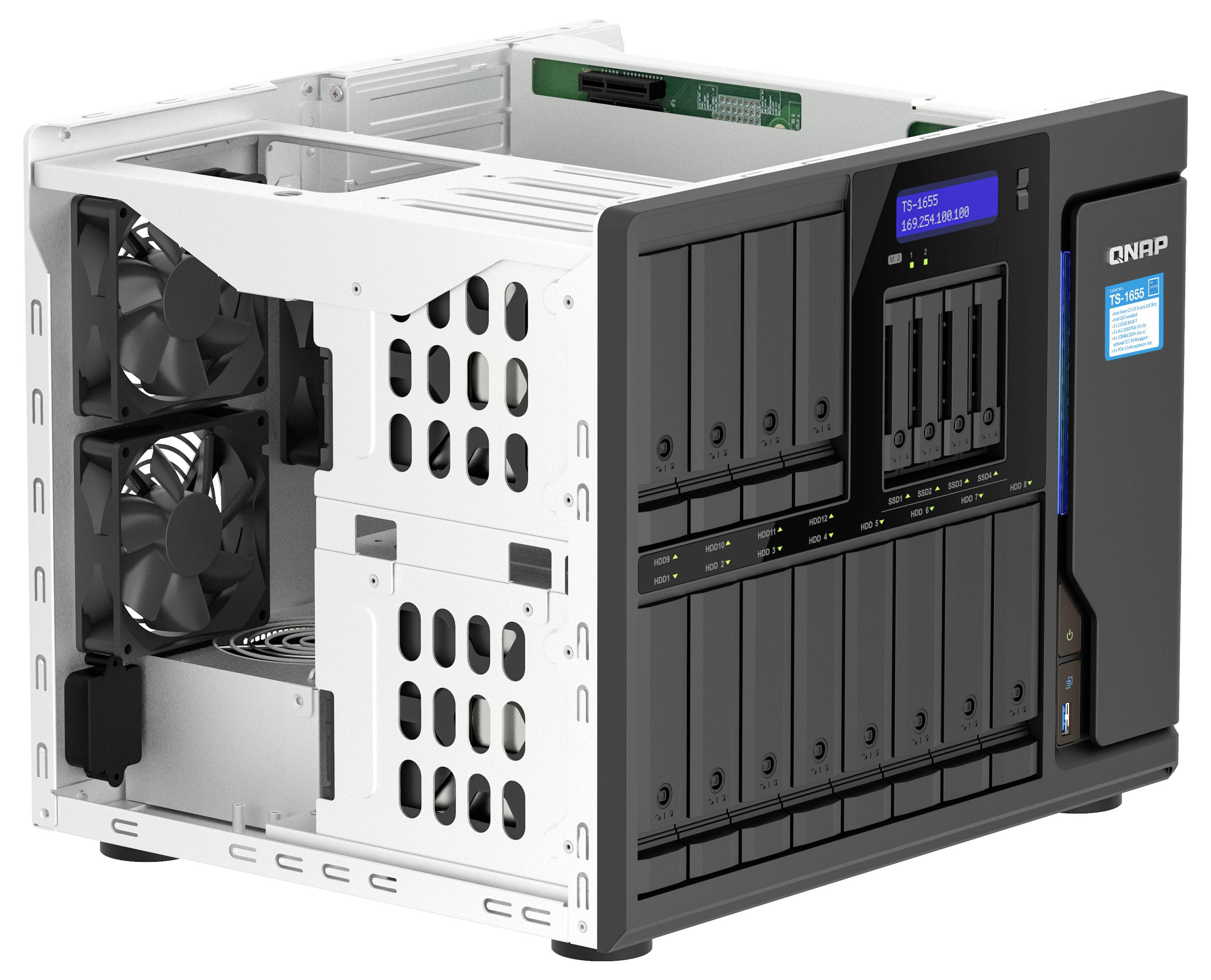 Frontvyn av en svart rackmontering lagringserver med flera hot-swap-enhetsplatser och statuslampor.