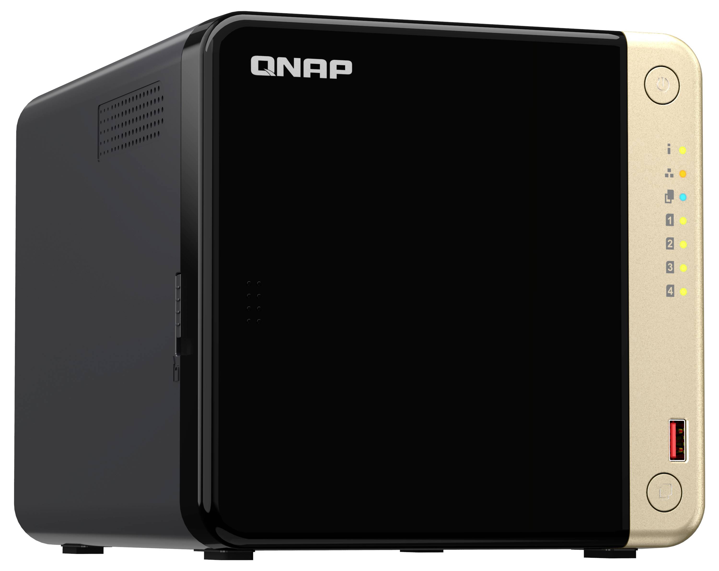 QNAP skrivbords-NAS-hölje med glansig svart front, guldplankad sidopanel, status-LED:ar och USB-port på framsidan.