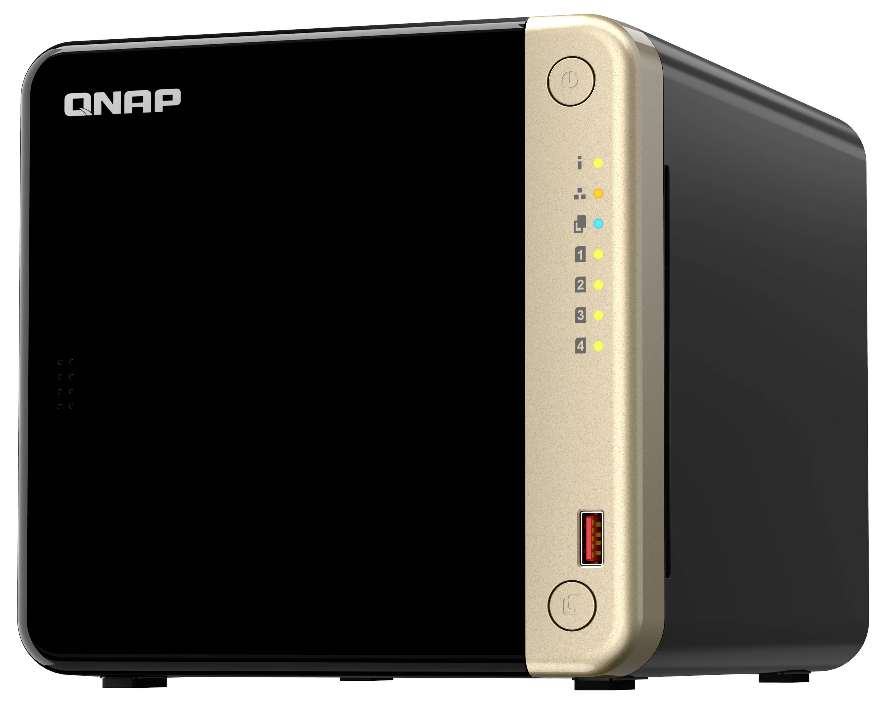 QNAP fyrbays NAS-lagringsenhet med svart frontpanel, guldkantlist, strömknapp, statuslysdioder och USB-port på framsidan.