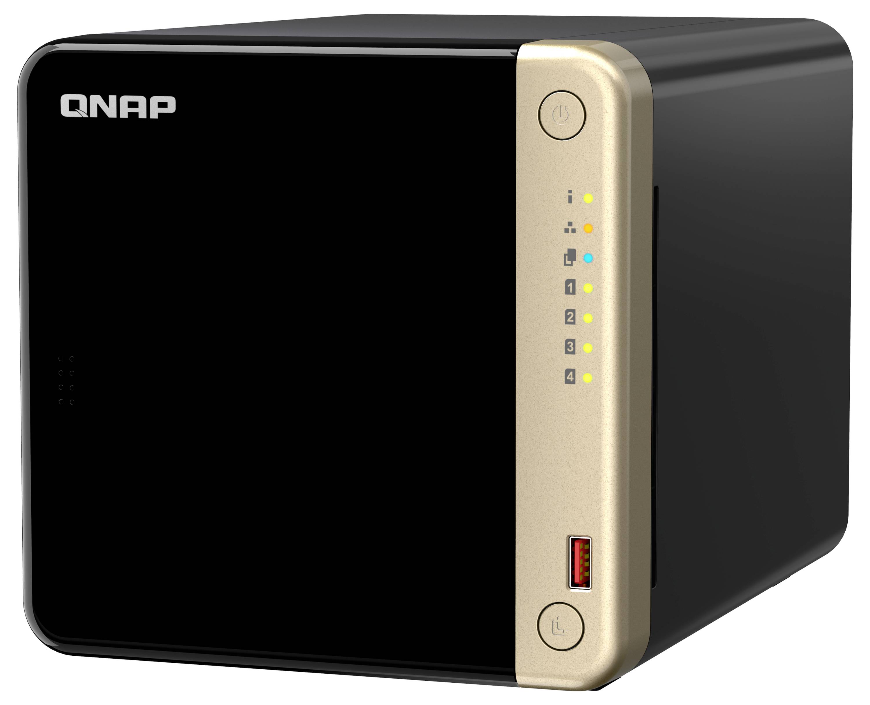 QNAP tvåfack nätverksansluten lagringsenhet i svart med guldpanel fram, strömknapp, statuslysdioder och USB-port.