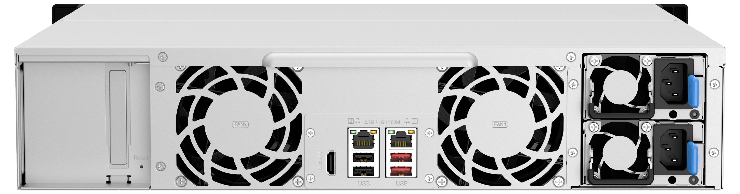 Bakvy av en silver rackmonterad server med dubbla stora kylfläktar, nätverks- och USB-portar samt redundanta strömförsörjningar på höger sida.