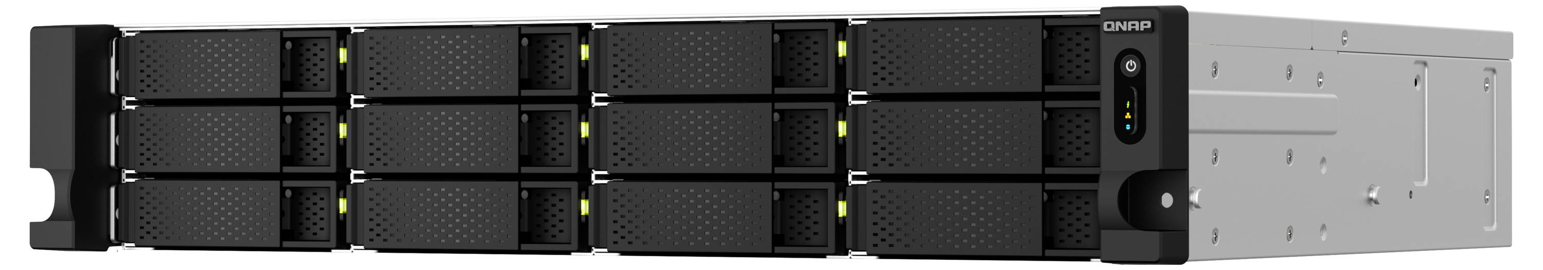 Frontvy av en svart rackmonterad lagringsserver med flera hot-swap-enhetsplatser och statusindikatorer, visad med en grå sidopanel.