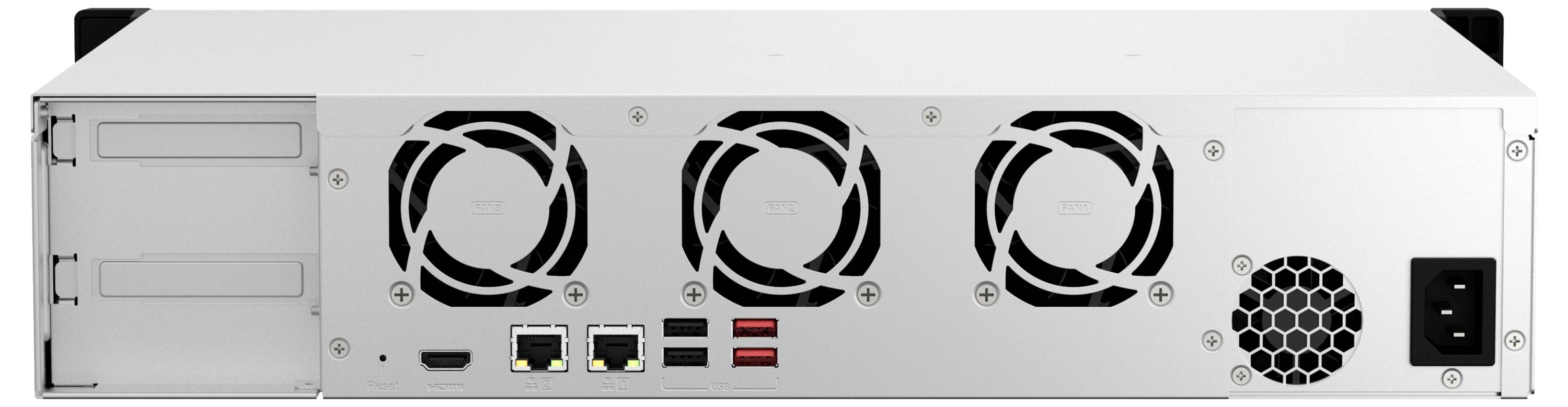 Bakvy av en silverfärgad rackmonterbar datorserver med tre kylfläktar, flera nätverks- och USB-portar samt ett strömingångsuttag på höger sida.