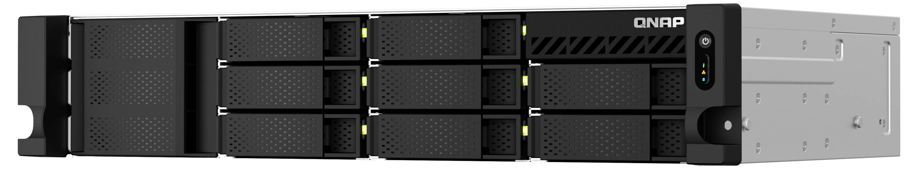 QNAP rackmonterad NAS-lagringsenhet med flera framre enhetsfack, statusled och sidohandtag i svart och silver.