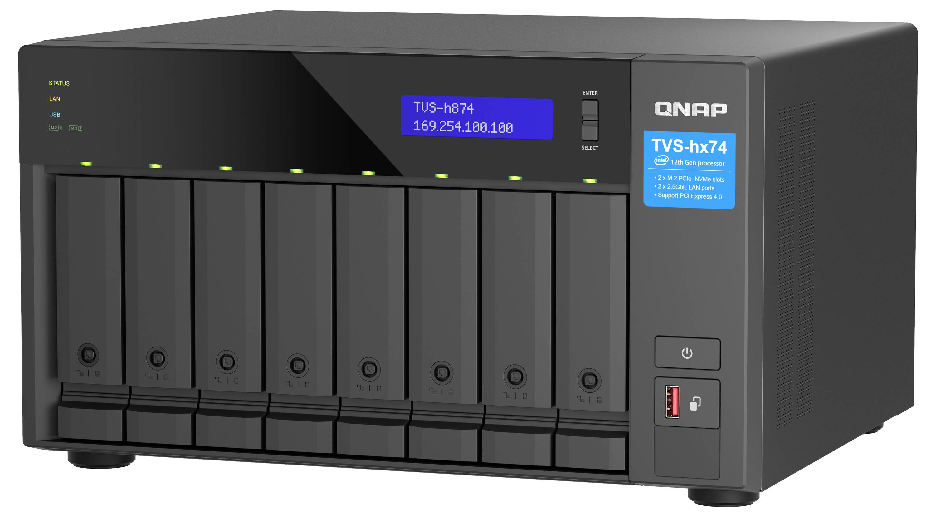 QNAP 8-fack NAS-lagringsenhet med främre enhetsfack, statusljus och liten display som visar "TUS-h874" och IP-adressen "169.254.100.100".