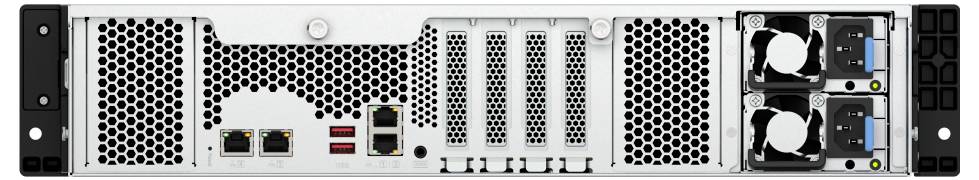 Baksida av en rackmonterad server som visar ventilationsgaller, flera Ethernet- och USB-portar, expansionsplatser, dubbla strömförsörjningar och två kylflänsar.