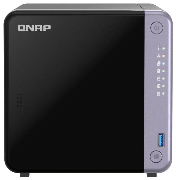 Frontvy av en QNAP fyrbays nätverkslagringsenhet med statusindikatorer, strömknapp och USB-port på framsidan.