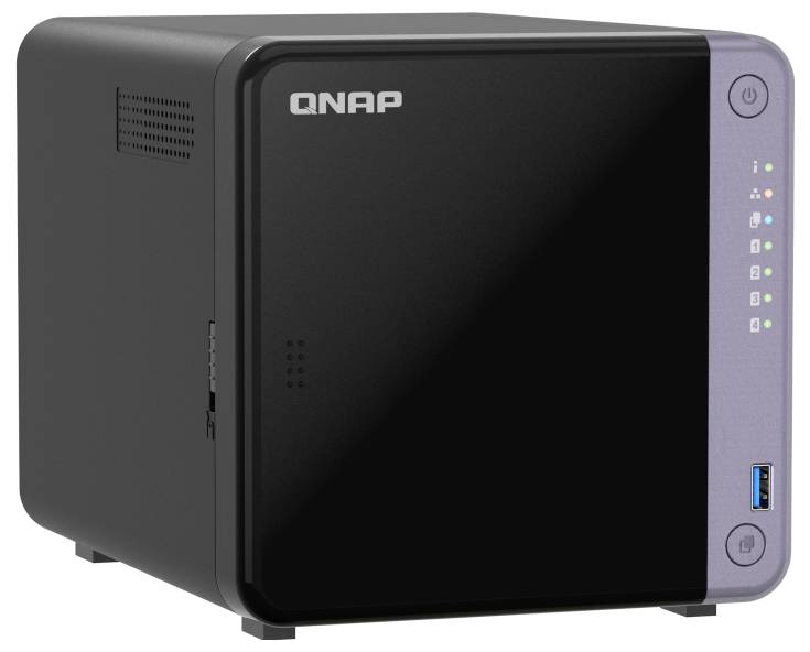 QNAP-nätlagringsenheter med framre strömknapp, statuslysdioder och USB-port