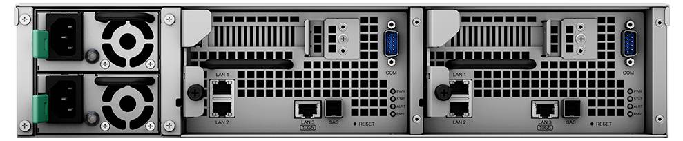 Bakvy av ett modulärt serverchassí med två hot-swap-strömförsörjningar på vänster sida och två identiska nätverks-/servermoduler med portar och ventilation på höger sida.