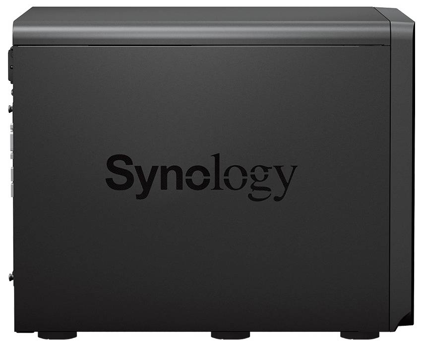 Svart Synology NAS-lagringsenhet visad framifrån på vit bakgrund.