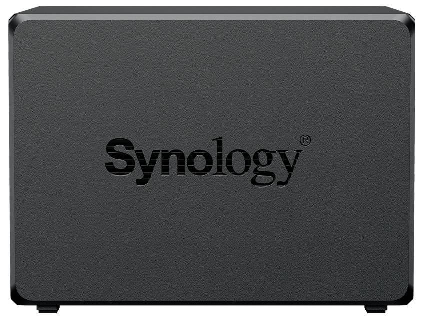 Svart Synology NAS-lagringsenhet med Synology-logotypen på frontpanelen.