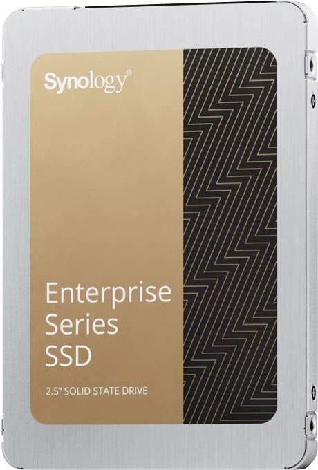 Synology Enterprise Series SSD 2,5-tumme solid state-enhet i en silvermetallkapsling med svart mönsteretikett.
