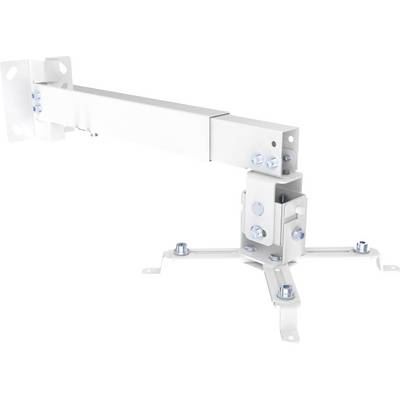 Vit metallväggmonterad projektor- eller TV-fäste med justerbar arm och basplatta på en enkel bakgrund.