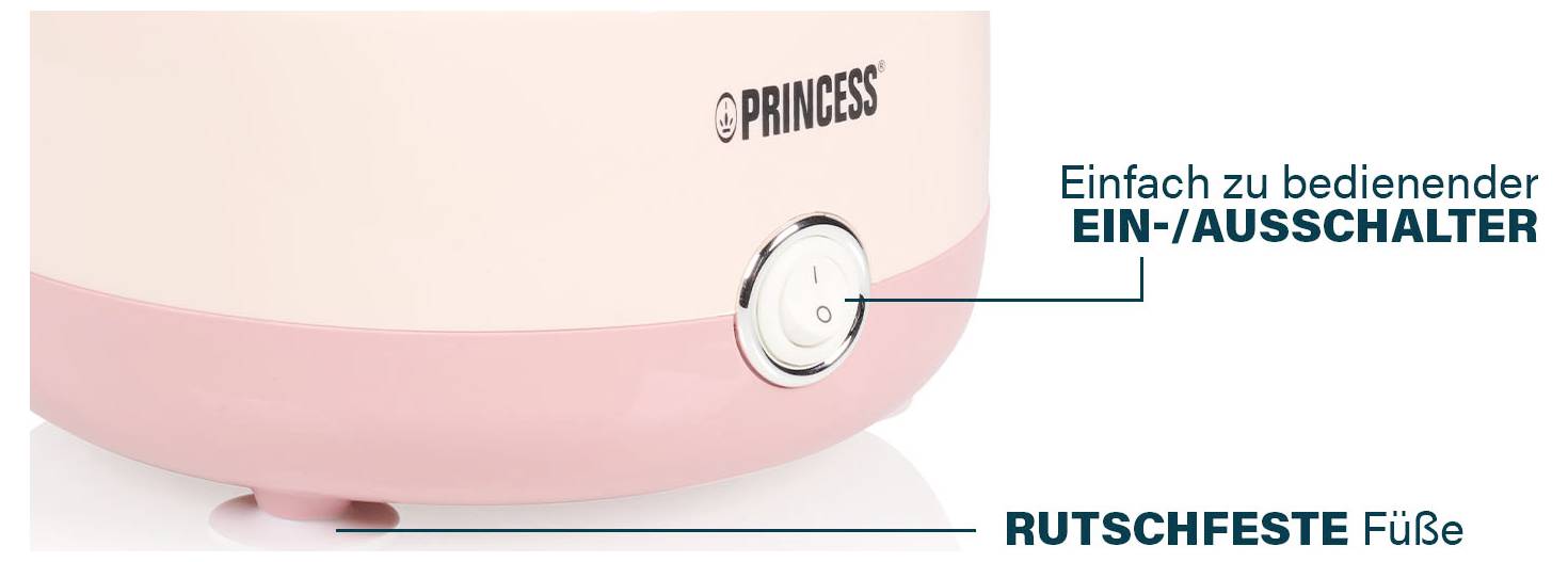 Närbild av en rosa apparat med en strömknapp och halkfria fötter, märkt "Enkel-att-använda PÅ-/AV-strömbrytare" och "HALKFRIA fötter".