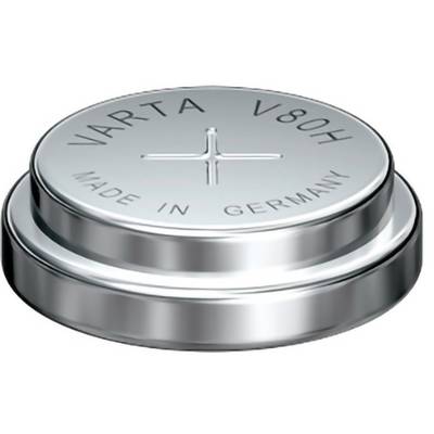 Silver VARTA V80H-batteriet med pluspol överst och "MADE IN GERMANY" tryckt runt locket.