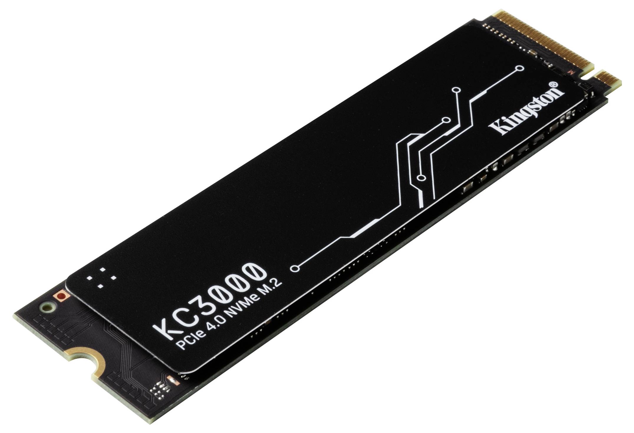 Kingston KC3000 PCIe 4.0 NVMe M.2 solid-state-drive på en vit bakgrund.