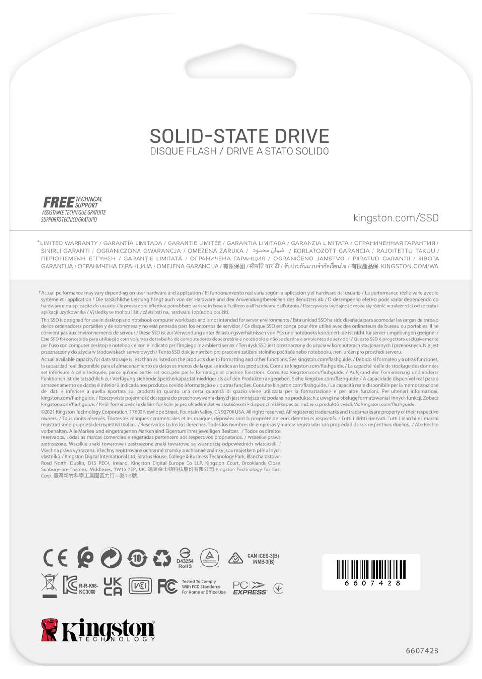 Kingston förpackning för en solid-state-enhet, märkt "SOLID-STATE DRIVE" (Solid-State-enhet) med garantitext, certifieringsikoner och en streckkod.