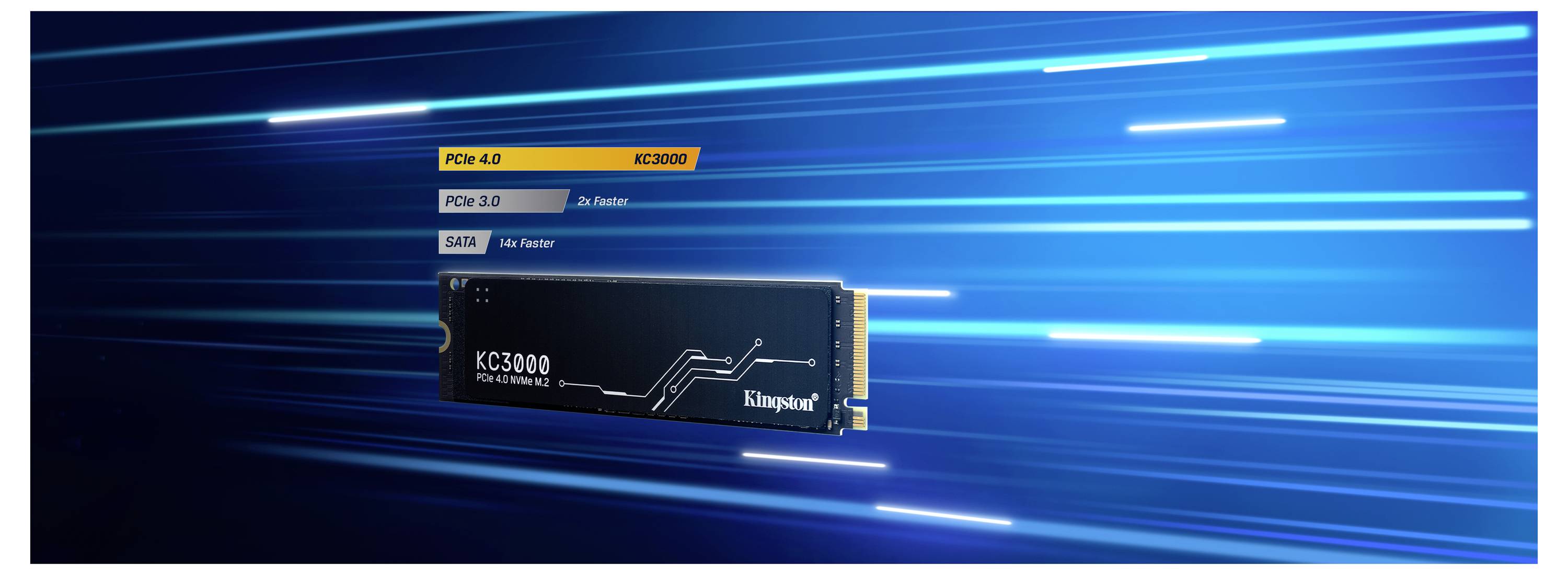 Kingston KC3000 PCIe 4.0 NVMe M.2 SSD visas med hastighetslinjer som belyser högpresterande lagring och överföringshastighet.