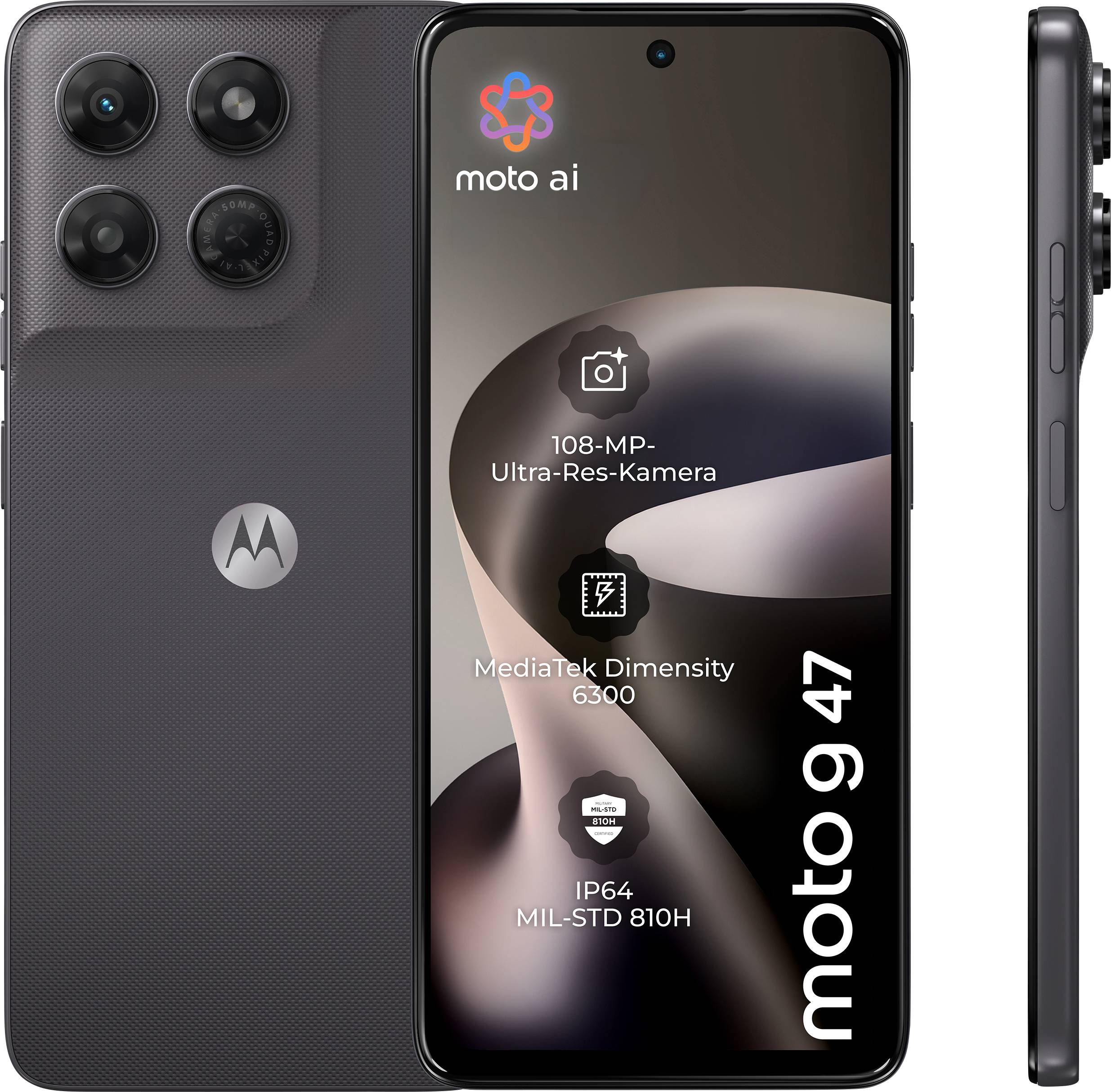 Motorola Moto G47 smartphone visas framifrån, bakifrån och från sidan, med fokus på 108MP-kamera, MediaTek Dimensity 6300, IP64 och MIL-STD-810H.