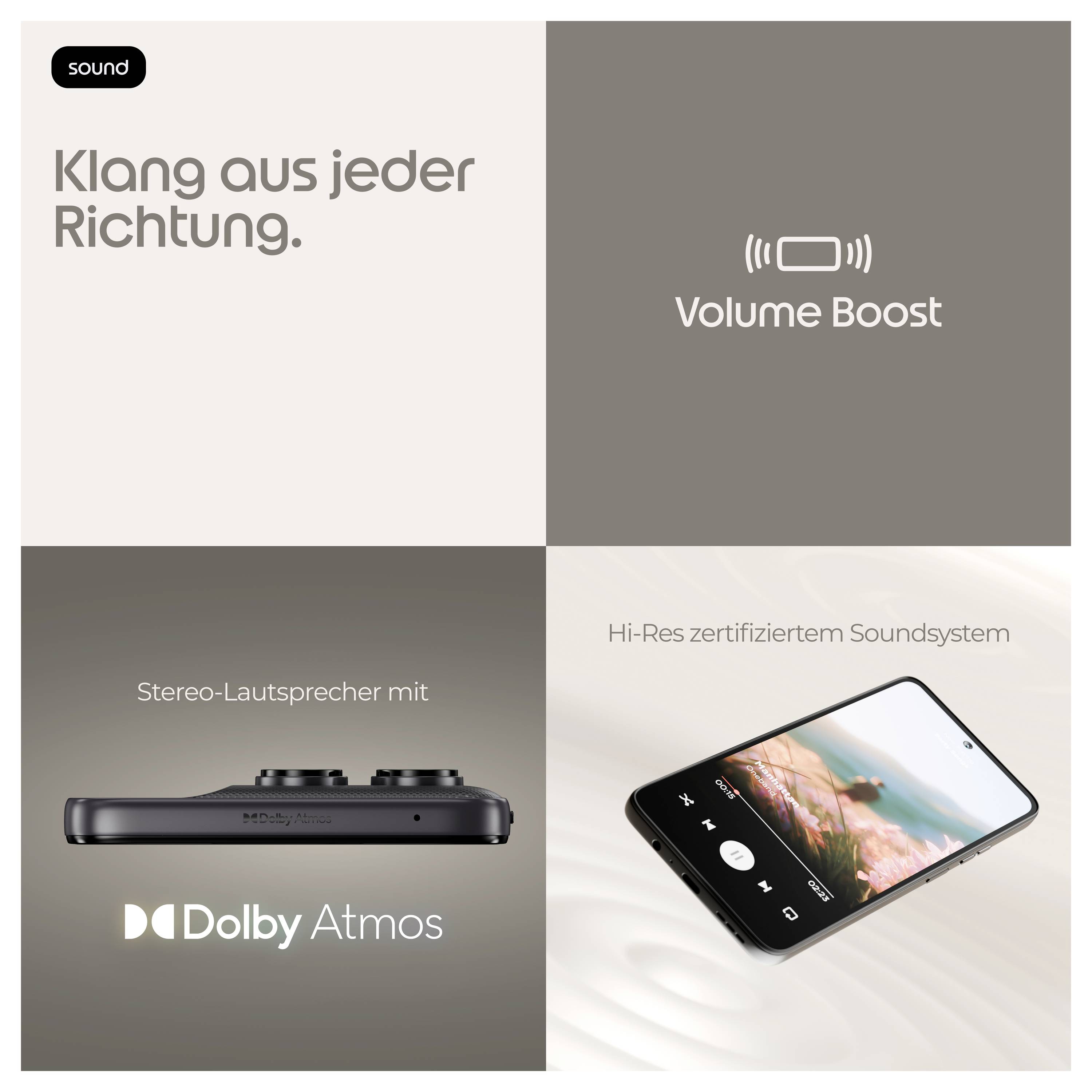 Reklamfilm med fyra paneler och ljud: 'Ljud från alla håll.' med 'Volymökning,' stereohögtalare, Dolby Atmos, och en smartphone märkt 'Hi-Res-certifierat ljudsystem.'
