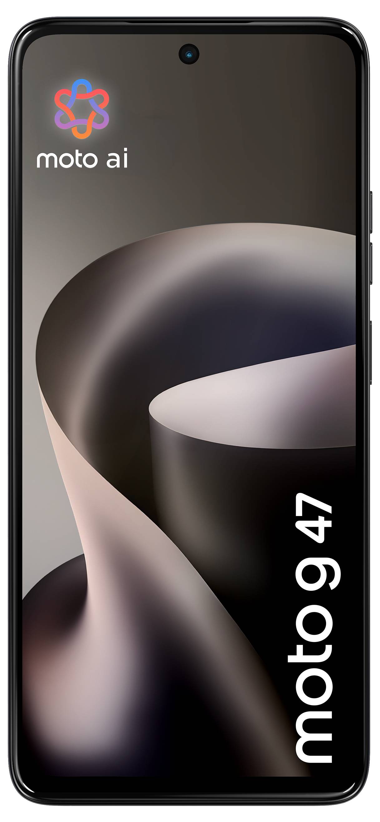 Motorola-smartphone framifrån som visar en mörk abstrakt bakgrundsbild, "moto ai"-logotypen i övre vänstra hörnet och texten "moto g 47" längs högerkanten.