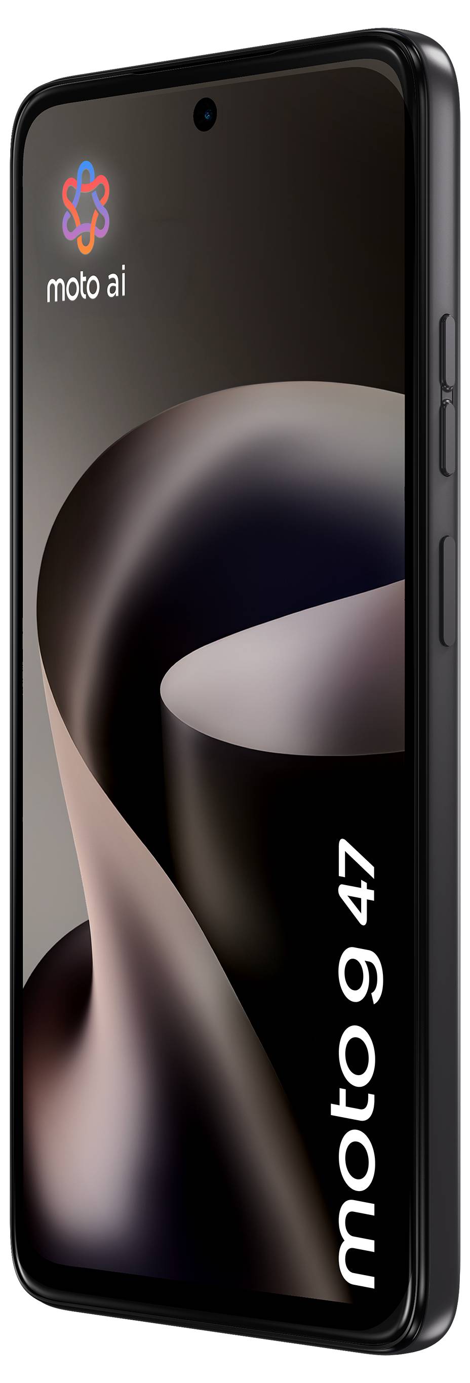 Svart Moto AI-smartphone visad framifrån med mörk abstrakt bakgrundsbild och "moto g 47"-märkning på skärmkanten.