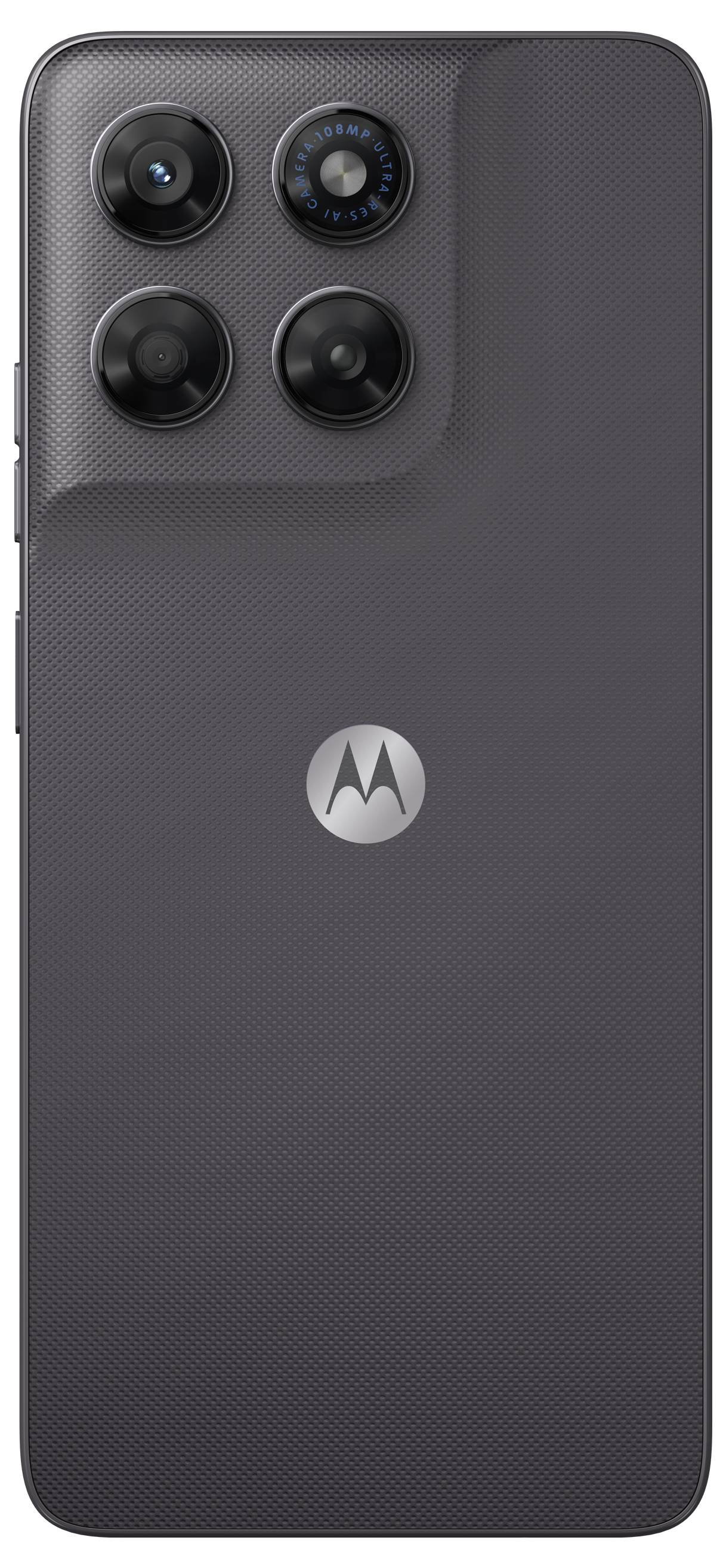 Baksidan av en mörkgrå Motorola-smartphone med fyra bakåtriktade kamerallinser i en fyrkantig modul och Motorola-logotypen centrerad på skalet.