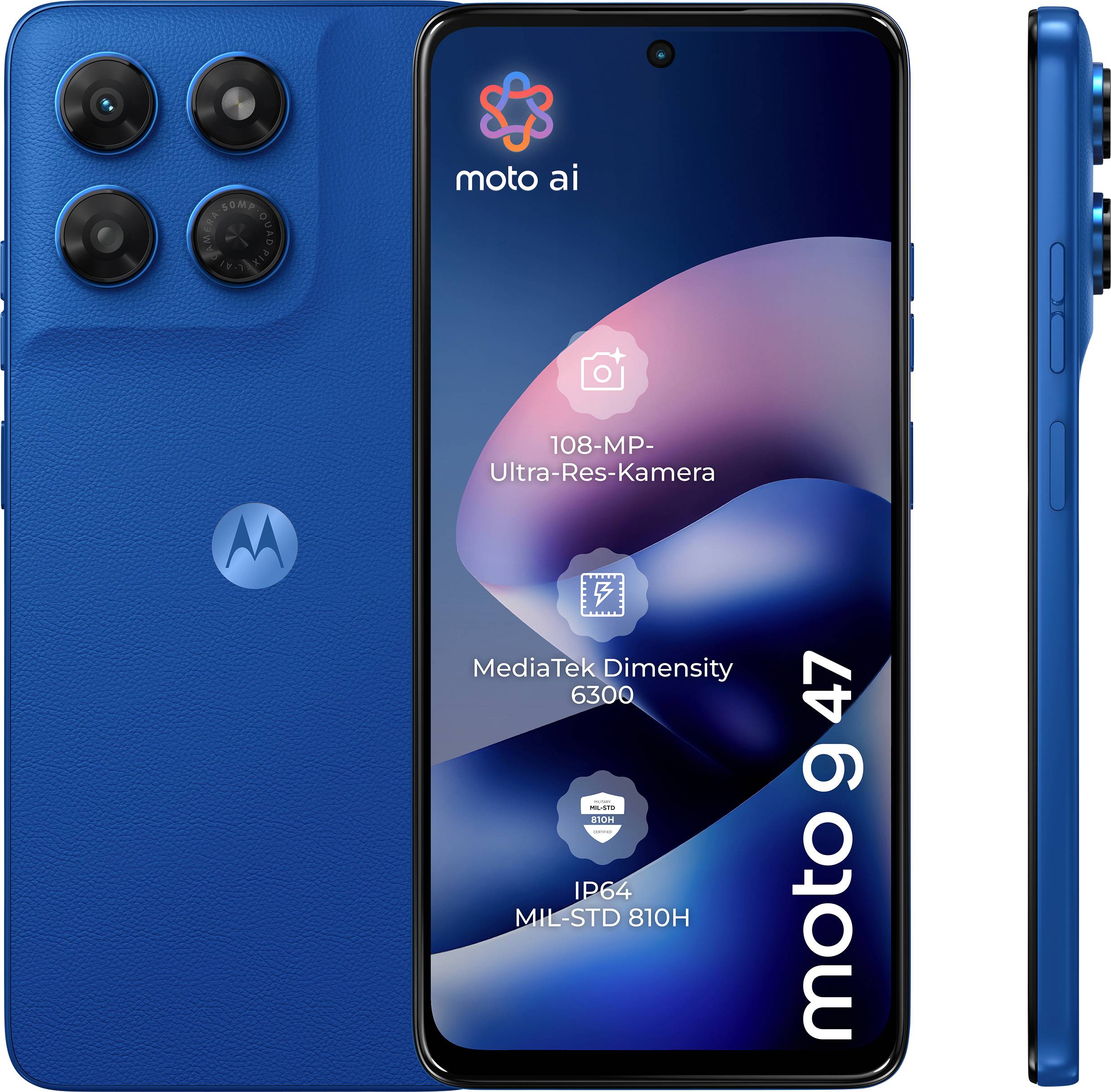 Blå Motorola Moto G47 smartphone visad framifrån, bakifrån och från sidan, med framhävning av "moto ai", 108-MP-kamera, MediaTek Dimensity 6300 och IP64/MIL-STD 810H.