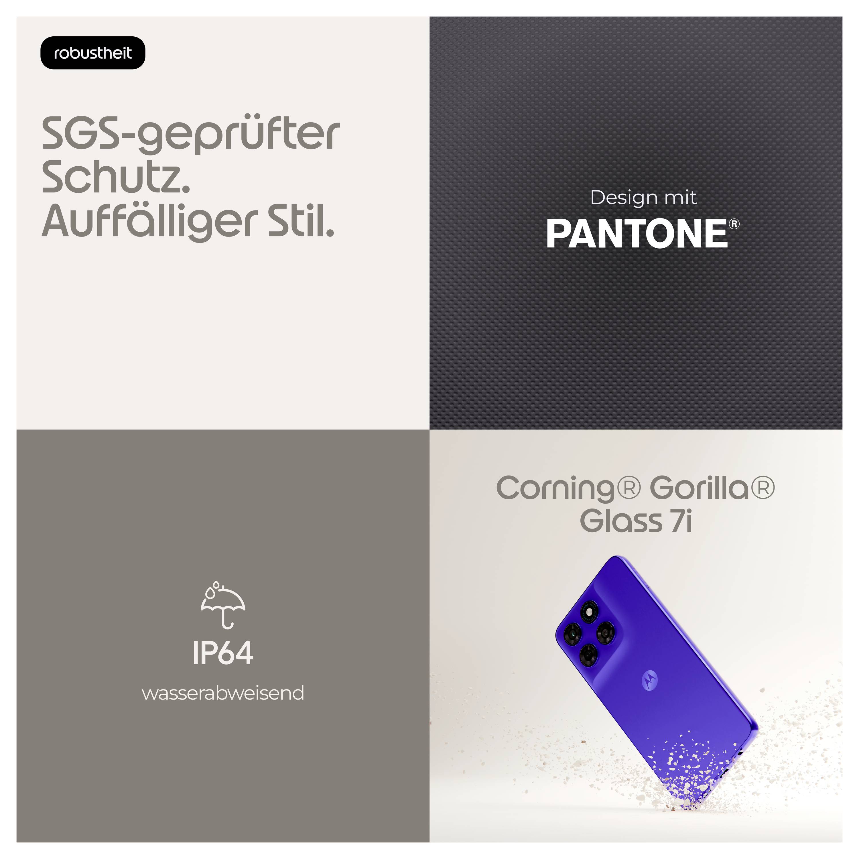 Fyra-panel-telefonannonc som betonar robusthet: SGS-testad skydd, Pantone-design, IP64-vattentäthet och Corning Gorilla Glass 7i på en blå smartphone.