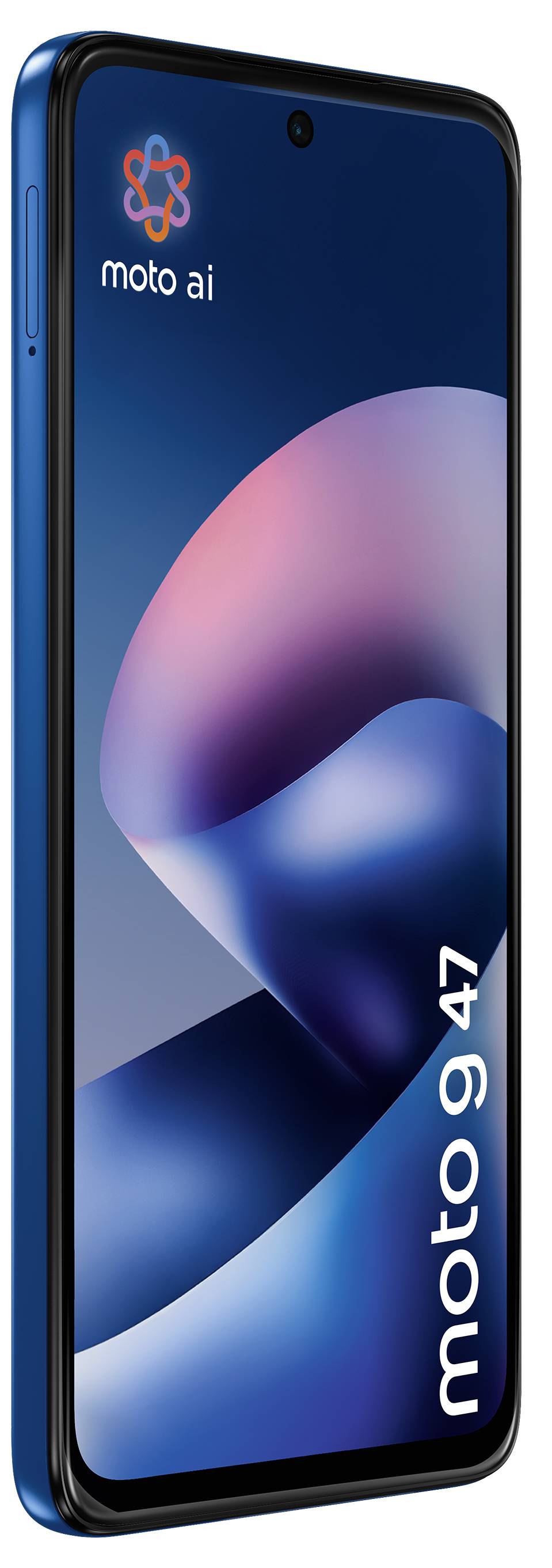 Blå Moto AI-smartphone visad i vinkel, med "moto ai"-varumärke på skärmen och vertikal "moto g47"-text längs den nedre högra kanten.