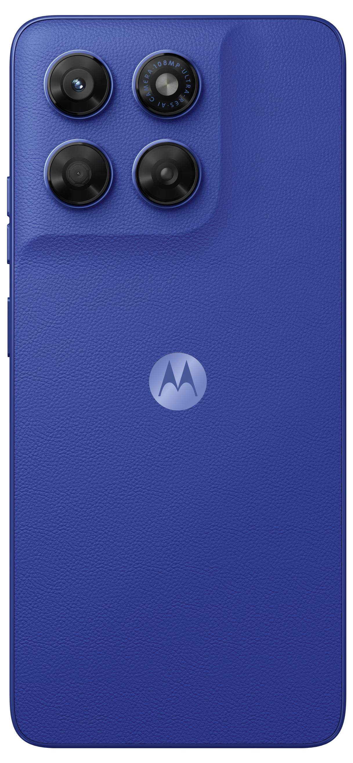 Blå Motorola-smartphone visad från baksidan, med fyra bakre kameralinser i en kvadratisk modul och en centrerad Motorola-logotyp.