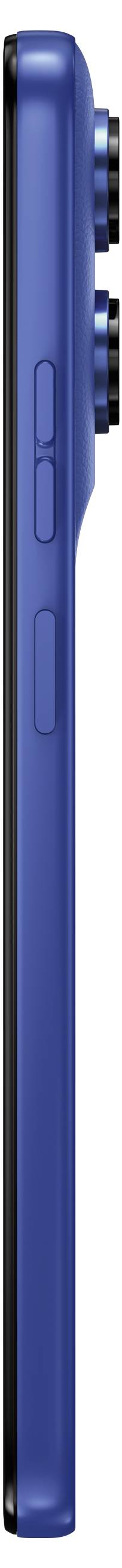 Sidovy av en blå smartphone som visar dess vänstra kant med volymknappar och en smal profil.