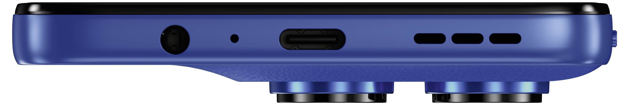 Sidovy av en blå smartphone som visar underkanten med en USB-C-port, högtalargaller, mikrofon och ett 3,5 mm-hörluruttag.
